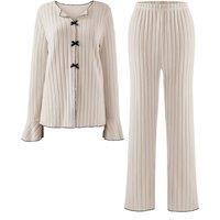 MODISHION Women's 2-Piece Casual Ribbed Knit V-Neck Loungewear Set in Beige | Size: Small