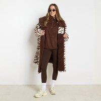 OHS Women's Zebra Print Sherpa Lined Water Resistant Coat Drying Changing Robe in Brown | Size: Large/XL