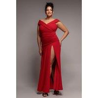 Goddiva Women's Scuba Crepe Off-Shoulder Front Split Maxi Dress in Red | Size: 22