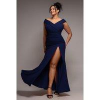 Goddiva Women's Scuba Crepe Off-Shoulder Front Split Maxi Dress in Navy | Size: 22