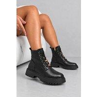 Love Lemonade Women's Cleo Luxe Gold Detail Leather Look Chunky Lace Up Ankle Boots in Black | Size: 3