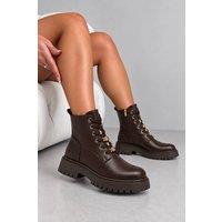 Love Lemonade Women's Cleo Luxe Gold Detail Leather Look Chunky Lace Up Ankle Boots in Brown | Size: 3