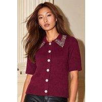 Roman Women's Embellished Short Sleeve Jumper in Burgundy | Size: 18