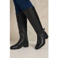 Evans Women's Leather Buckle Knee High Heeled Boots In Wide E & Extra Wide EEE Fit in Black | Size: 9E
