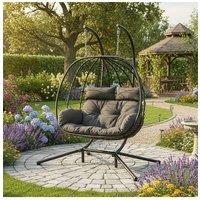 Living and Home Hanging Egg Love Seat with Swing Motion and Metal Stand Base in Dark Grey