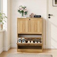 Matteo Oak-Coloured Ribbed Two-Drawer Mid-Century Modern Shoe Cabinet in Natural | Size: 60 cm