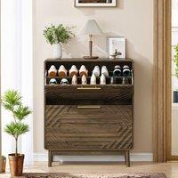 Matteo Walnut 80cm Shoe Cabinet - Geometric Carved Panel - Storage Cabinet in Brown