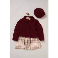Miss Girl's 3 Piece Faux Fur Jacket & Check Dress Set with Beret in Red | Size: 3 Years