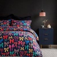 OHS Bow Print Frill Duvet Cover Set with Pillowcase Microfibre Bedding in Navy | Size: Single