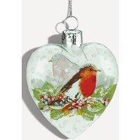 Stella Graham Glass heart bauble with hand-painted robin & glitter dots in Clear