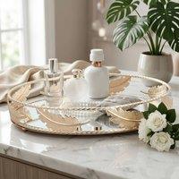 Dynasty Home UK 25cm Golden Feather Leaf Round Mirror Decorative Tray in Gold