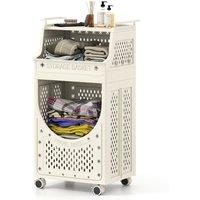 Costway 3-Tier Laundry Cart Folding Laundry Hamper with Lockable Wheels in Beige