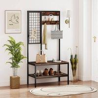 Costway Industrial Coat Rack with Shoe Bench & Wall Grid Panel-Brown in Brown