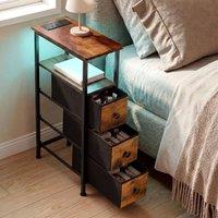 Levede Bedside Table with LED Light, Charging, 3 Fabric Drawers in Brown