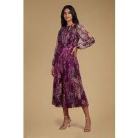 Oasis Women's Petite Printed Mesh Balloon Sleeve Midi Dress in Berry | Size: 12