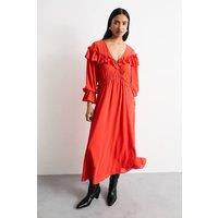 Warehouse Women's Ruffle Shoulder Detail V Neck Boho Maxi Dress in Red | Size: 12