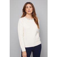 Wallis Women's Embellished Neck Trim Knitted Jumper in Ivory | Size: Medium