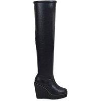 XY London Women's 'Dalia' Elasticated Over The Knee Thigh High Wedge Heel Boots in Black | Size: 7
