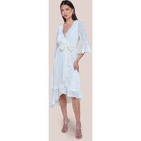 Goddiva Women's Chiffon Geo Wave Front Frill Wrap Midi Dress in Cream | Size: 16