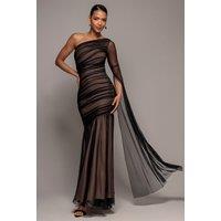 Goddiva Women's Gathered One Sleeve Angel Wing Mermaid Maxi Dress in Black | Size: 12