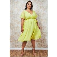 Goddiva Women's Flutter Sleeve Wrap Midi Dress in Lemon | Size: 24