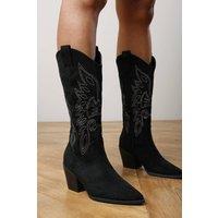 Where's That From Women's 'Fevora' Pointed Toe Block Heeled Calf Length Boots in Black | Size: 8
