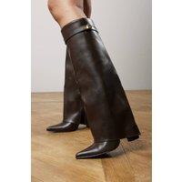 Where's That From Women's 'Frelia' Pointed Toe Foldover Knee High Block Heel Boots in Dark Brown | Size: 7
