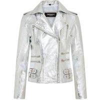 TruClothing Women's Real Lamb Nappa Leather Vintage Gothic Buckle Biker Jacket in Silver | Size: 10