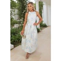 AX Paris Women's Ice Blue Floral Jacquard Racer Neck A-Line Midi Dress | Size: 14