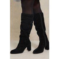 Evans Women's Suede Ruched Knee High Heeled Boots In Wide E & Extra Wide EEE Fit in Black | Size: 9E