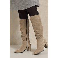 Evans Women's Suede Ruched Knee High Heeled Boots In Wide E & Extra Wide EEE Fit in Taupe | Size: 6E