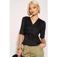 Love Sunshine Women's Black Short Sleeve Knotted Crepe Satin Top | Size: 14