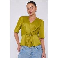 Love Sunshine Women's Lime Green Short Sleeve Knotted Crepe Satin Top | Size: 12