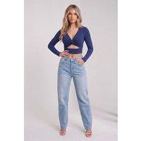 STYLEWISE Women's Twist Knot Cut Out - Long Sleeve - Crop Top in Navy | Size: 8