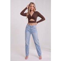 STYLEWISE Women's Twist Knot Cut Out - Long Sleeve - Crop Top in Brown | Size: 8
