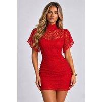 STYLEWISE Women's Lace Detail High Neck Split Sleeve - Bodycon Dress in Red | Size: 8
