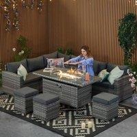 Furniture Maxi Rosen 9 Seater Fire Pit Rattan Garden Furniture Corner Dining Sofa Set in Grey