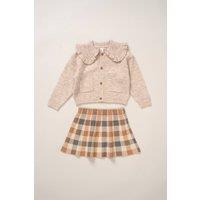 Miss Girl's True Knit Cardigan & Check Skirt Set in Beige | Size: 3 Years