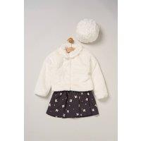 Miss Girl's 3 Piece Faux Fur Jacket & Bird Print Dress Set with Beret in Cream | Size: 4 Years