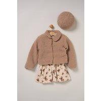 Miss Girl's Fur Jacket & Dress Outfit Set in Brown | Size: 3 Years