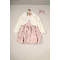 Miss Girl's Bubble Hem Satin Dress, Faux Fur Cardigan & Bow Clip Set in Pink | Size: 3 Years