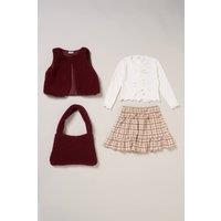Miss Girl's 3 Piece Fur Gilet, Top, Skirt & Bag Outfit Set in Red | Size: 5 Years