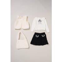 Miss Girl's Faux Fur Gilet, Bag, Rib Top & Skirt Set in Cream | Size: 2 Years