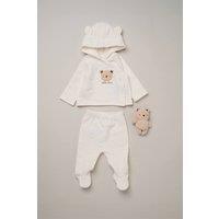 Rock a Bye Baby Boy's 3 Piece Bear Quilted Jacket Outfit Set with Plush Toy in Cream | Size: 0-3 m