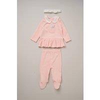 Rock a Bye Baby Girl's Ribbed Velour Top, Footed Trousers & Plush Headband Set in Pink | Size: 6 m