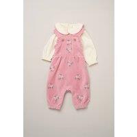 Rock a Bye Baby Bodysuit with Peter Pan Collar & Ribbed Dungarees with Embroidery in Dusty Pink | Size: 3 m