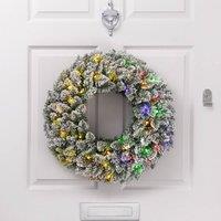 Christow Pre-Lit Snow Flocked Christmas Wreath LED Door Decoration Timer | Size: 45 cm