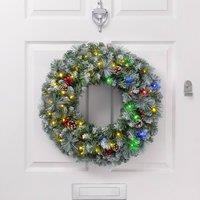 Christow Pre-Lit Frosted Christmas Wreath Pinecones Berries Timer LEDs | Size: 60 cm