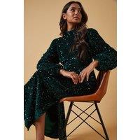 Oasis Women's Occasion Velvet Sequin High Neck Midi Dress in Green | Size: 14