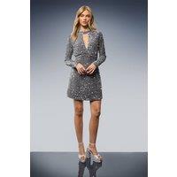 Oasis Women's Velvet Sequin Keyhole Mini Dress in Silver | Size: 18